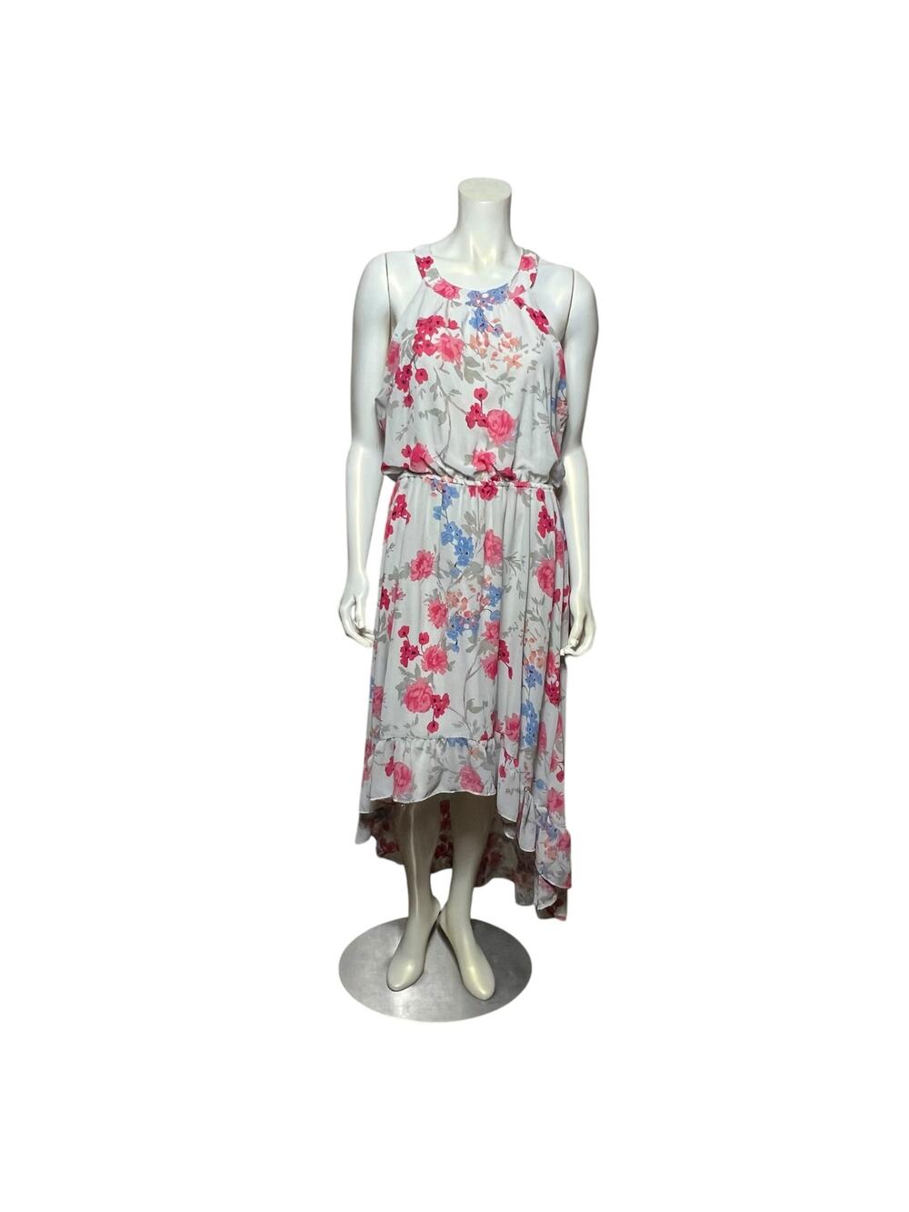 Elle Floral High-Low Dress, Light Pink and Blue, Size Large